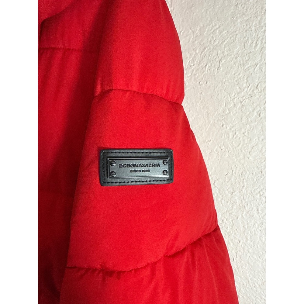 BCBGMAXAZRIA Womens Red Hooded Longline Puffer Coat Eco Friendly Fill Large - Picture 3 of 9